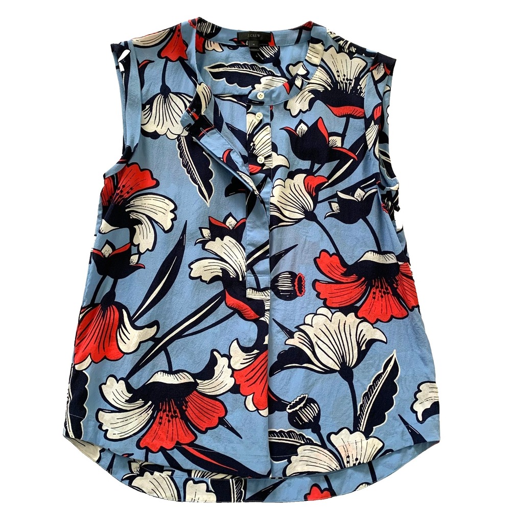 J Crew Silk Modern Poppy Print Floral Popover Blouse Top 4 Small XS